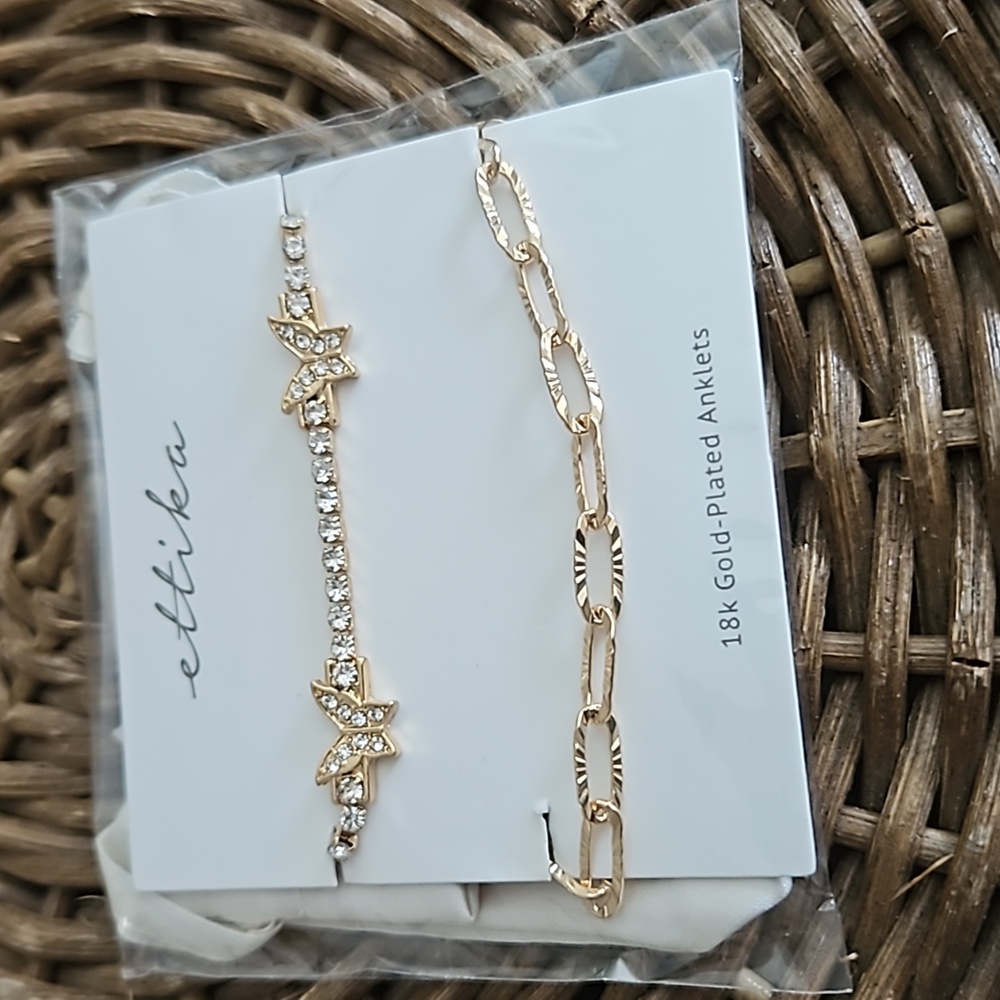 ETTIKA(Revolve),Butterfly & Chain Link Anklets Pair,Clear Stone, 18k Gold Plated - Picture 2 of 8
